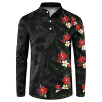 Hawaiian Taro Leaves-Hibiscus and Plumeria Button Sweatshirt Floral Tribal Tattoo Motif