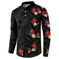 Hawaiian Taro Leaves-Hibiscus and Plumeria Button Sweatshirt Floral Tribal Tattoo Motif