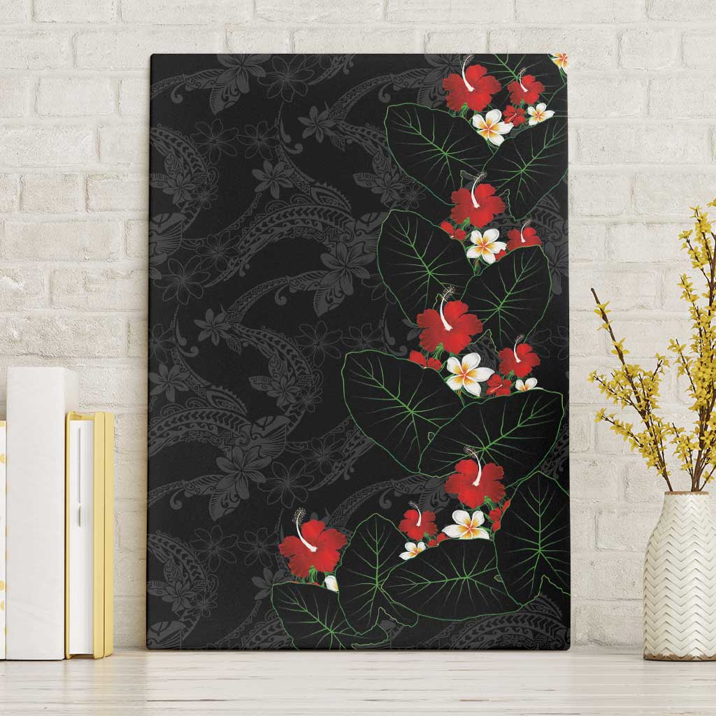 Hawaiian Taro Leaves-Hibiscus and Plumeria Canvas Wall Art Floral Tribal Tattoo Motif