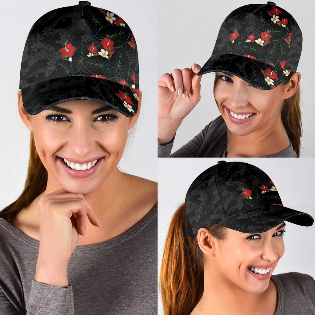 Hawaiian Taro Leaves-Hibiscus and Plumeria Classic Cap Floral Tribal Tattoo Motif