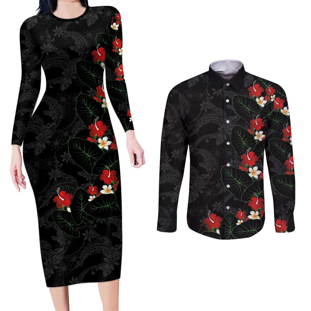 Hawaiian Taro Leaves-Hibiscus and Plumeria Couples Matching Long Sleeve Bodycon Dress and Long Sleeve Button Shirt Floral Tribal Tattoo Motif