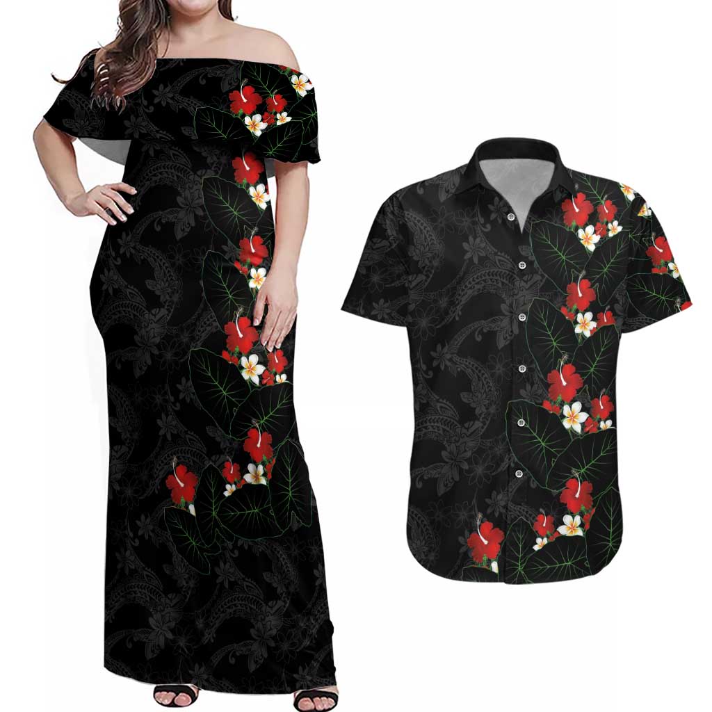 Hawaiian Taro Leaves-Hibiscus and Plumeria Couples Matching Off Shoulder Maxi Dress and Hawaiian Shirt Floral Tribal Tattoo Motif LT03 Black - Polynesian Pride