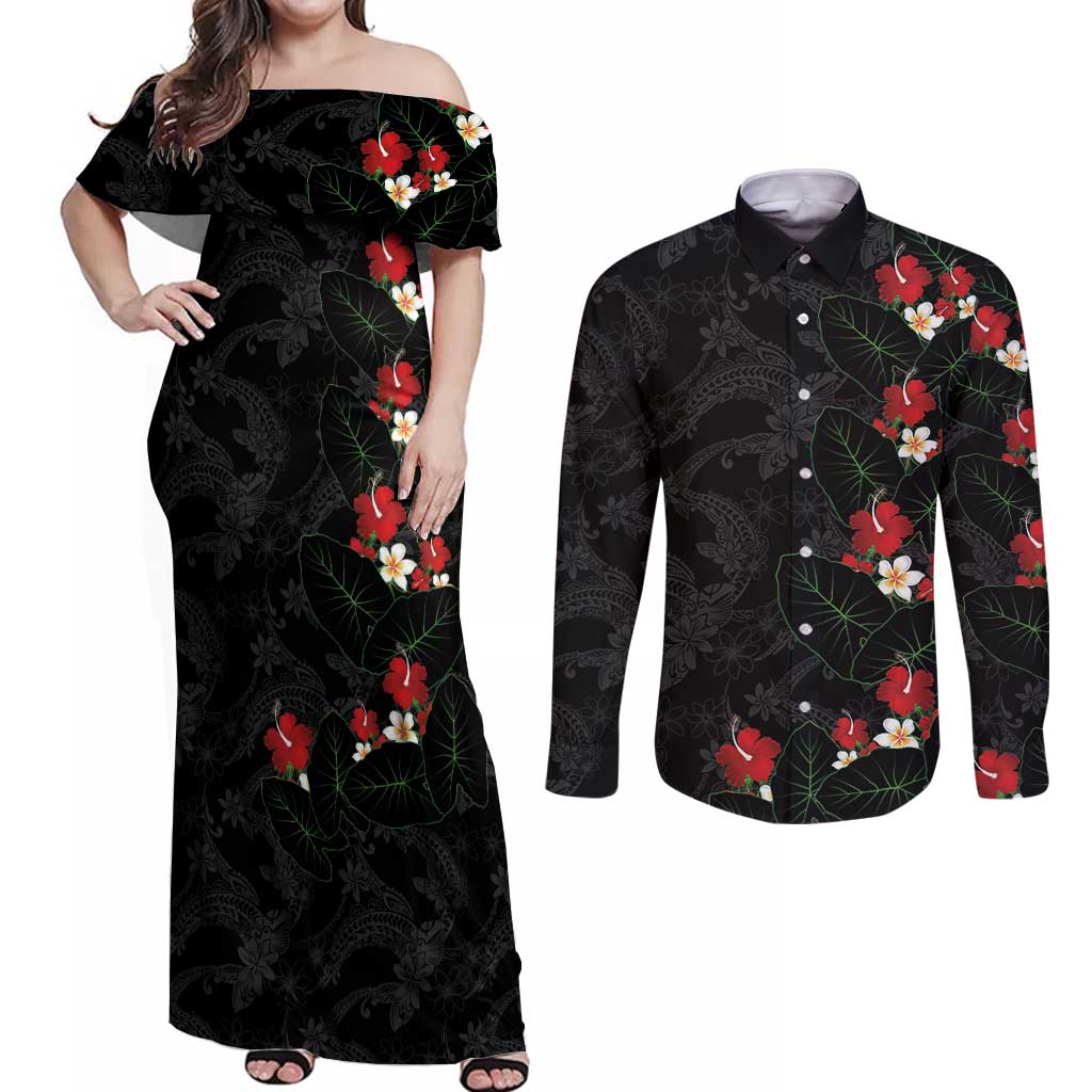 Hawaiian Taro Leaves-Hibiscus and Plumeria Couples Matching Off Shoulder Maxi Dress and Long Sleeve Button Shirt Floral Tribal Tattoo Motif
