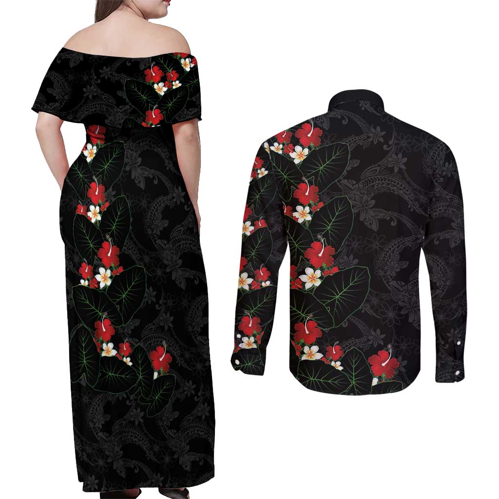 Hawaiian Taro Leaves-Hibiscus and Plumeria Couples Matching Off Shoulder Maxi Dress and Long Sleeve Button Shirt Floral Tribal Tattoo Motif LT03 - Polynesian Pride