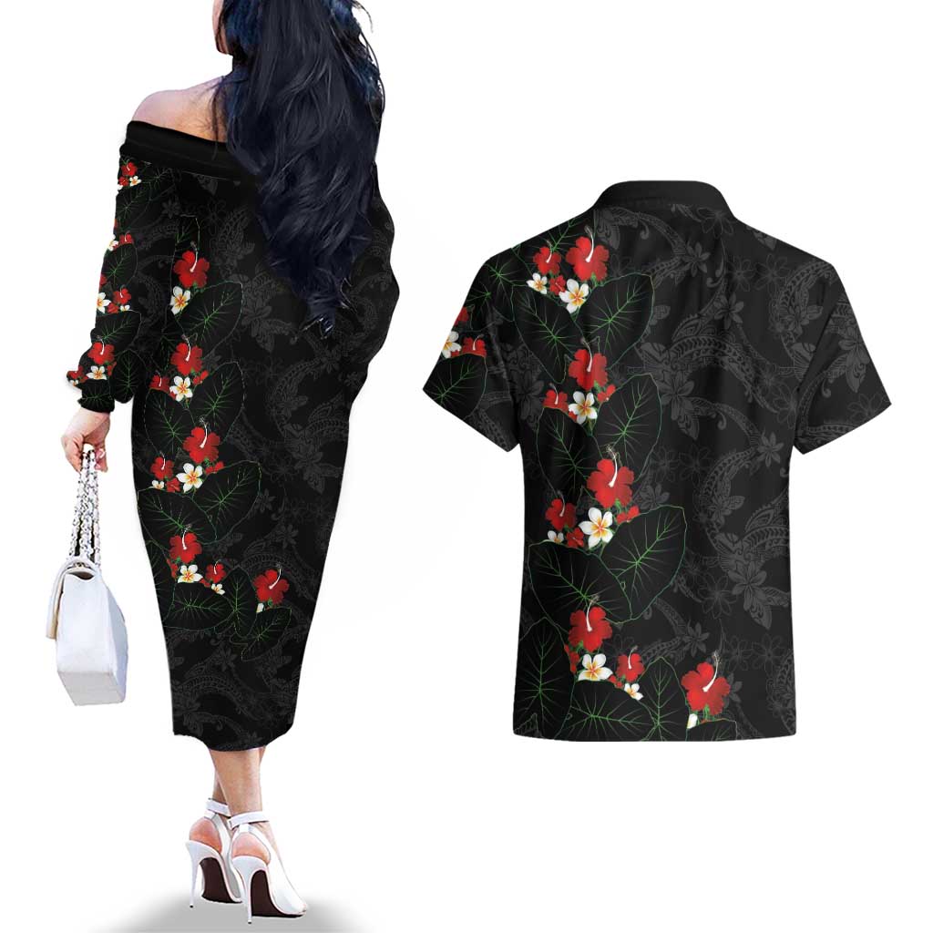 Hawaiian Taro Leaves-Hibiscus and Plumeria Couples Matching Off The Shoulder Long Sleeve Dress and Hawaiian Shirt Floral Tribal Tattoo Motif LT03 - Polynesian Pride