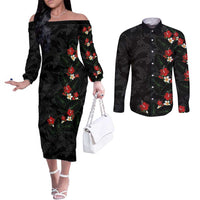 Hawaiian Taro Leaves-Hibiscus and Plumeria Couples Matching Off The Shoulder Long Sleeve Dress and Long Sleeve Button Shirt Floral Tribal Tattoo Motif LT03 Black - Polynesian Pride