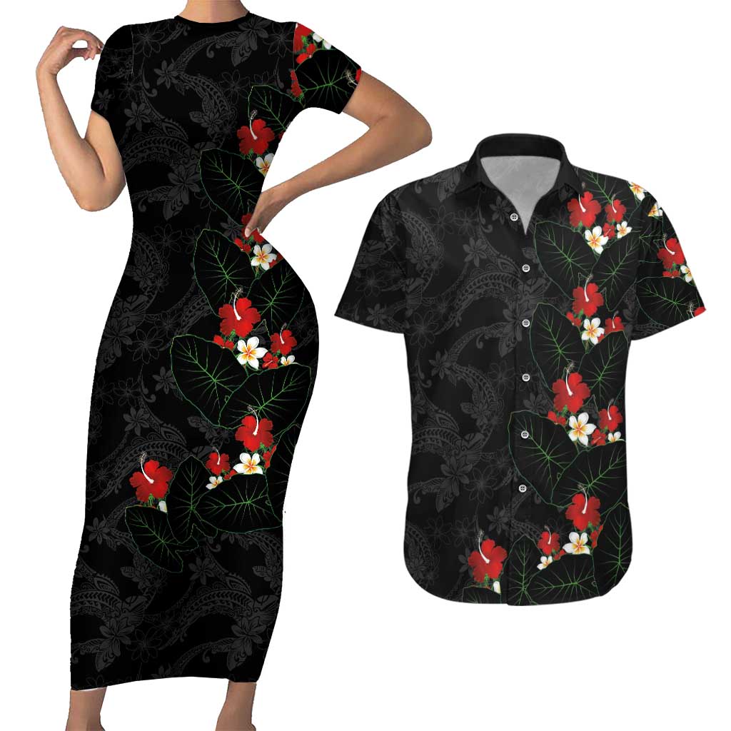Hawaiian Taro Leaves-Hibiscus and Plumeria Couples Matching Short Sleeve Bodycon Dress and Hawaiian Shirt Floral Tribal Tattoo Motif LT03 Black - Polynesian Pride