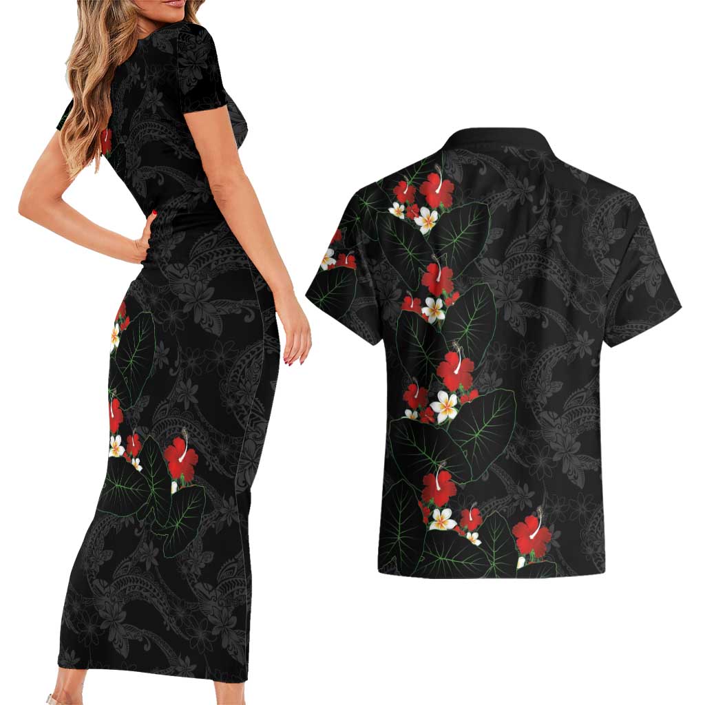 Hawaiian Taro Leaves-Hibiscus and Plumeria Couples Matching Short Sleeve Bodycon Dress and Hawaiian Shirt Floral Tribal Tattoo Motif LT03 - Polynesian Pride