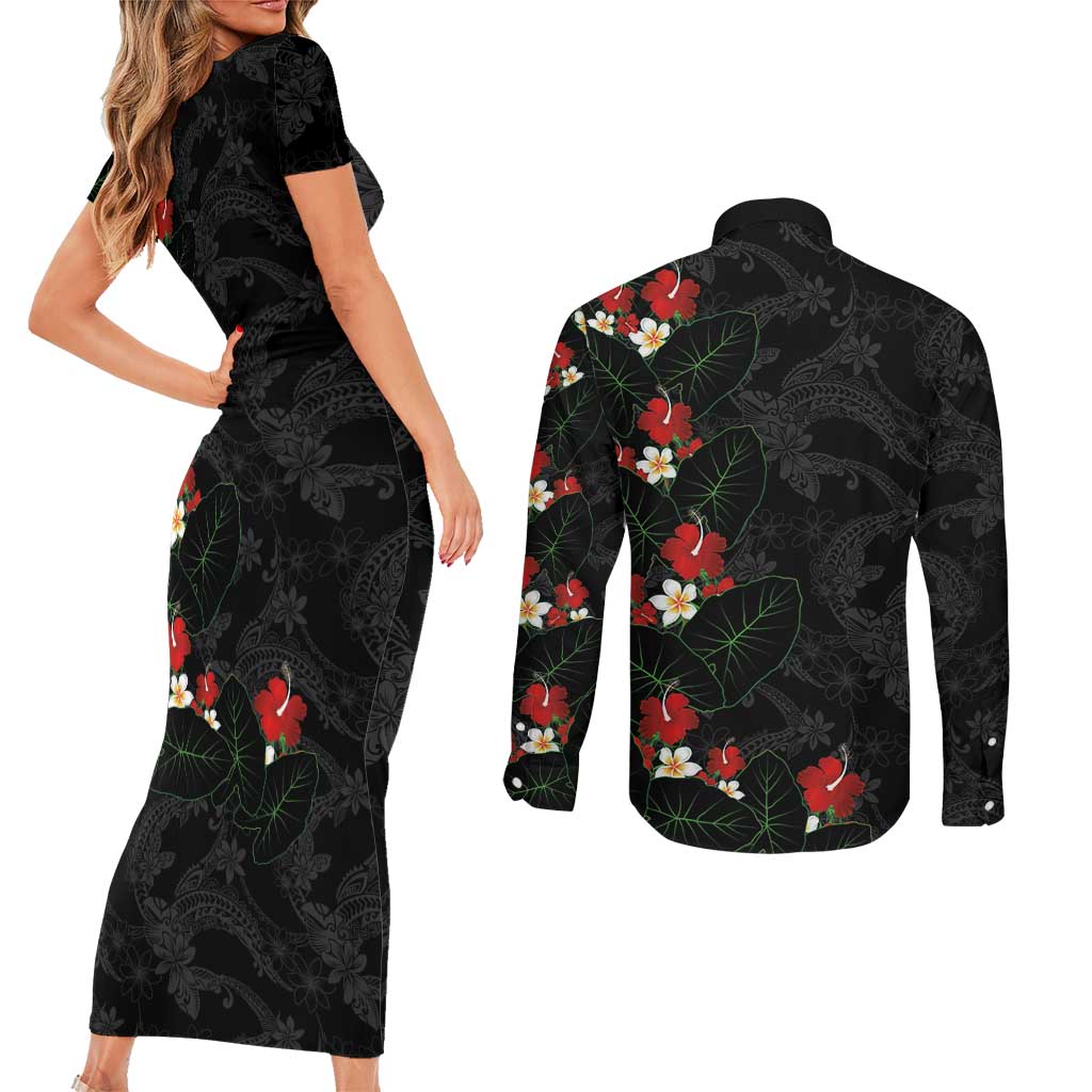Hawaiian Taro Leaves-Hibiscus and Plumeria Couples Matching Short Sleeve Bodycon Dress and Long Sleeve Button Shirt Floral Tribal Tattoo Motif LT03 - Polynesian Pride