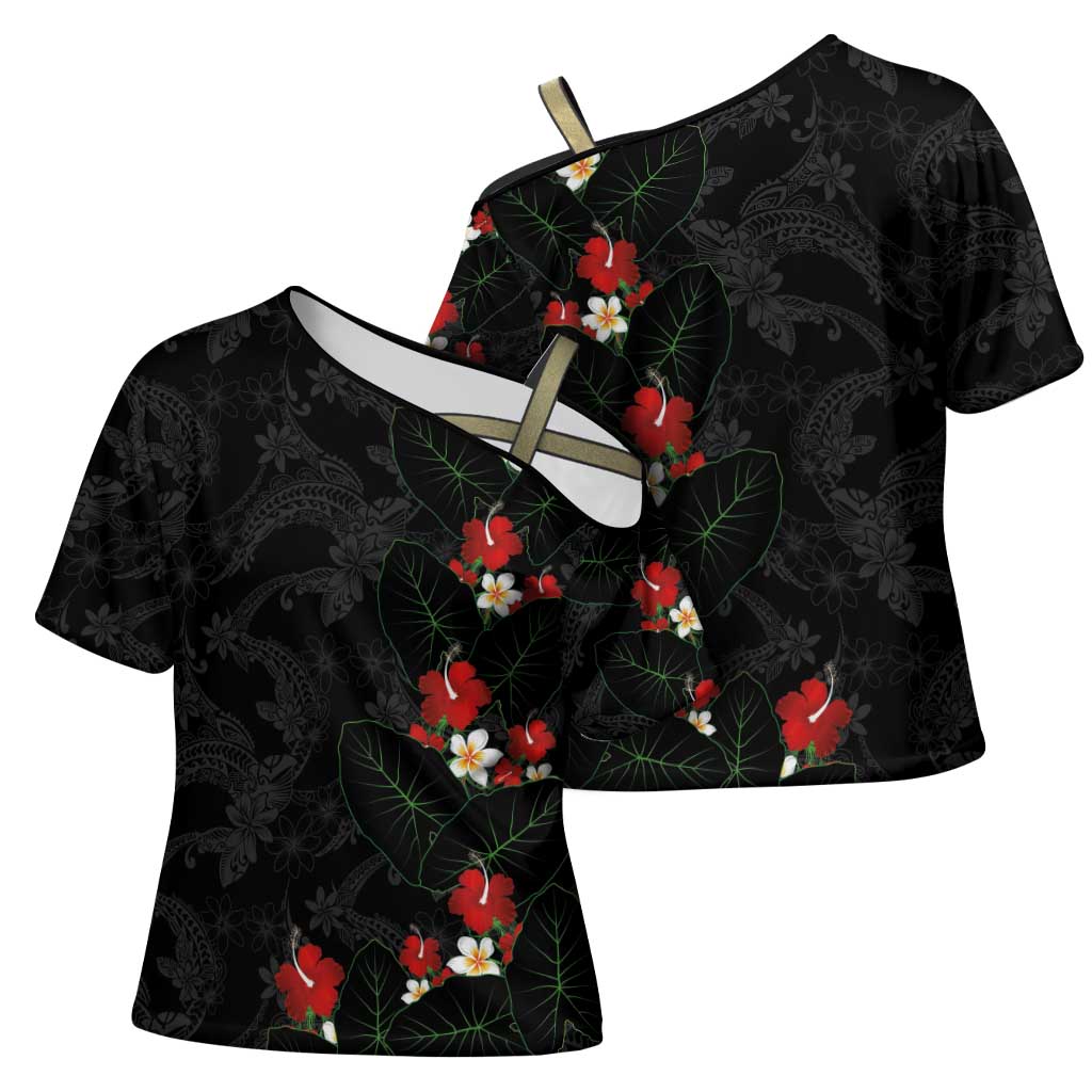 Hawaiian Taro Leaves-Hibiscus and Plumeria Cross Shoulder Shirt Floral Tribal Tattoo Motif LT03 - Polynesian Pride