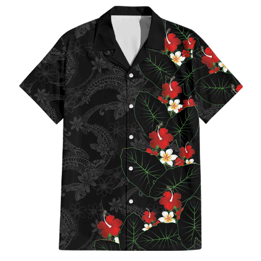 Hawaiian Taro Leaves-Hibiscus and Plumeria Family Matching Long Sleeve Bodycon Dress and Hawaiian Shirt Floral Tribal Tattoo Motif LT03 Dad's Shirt - Short Sleeve Black - Polynesian Pride