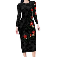 Hawaiian Taro Leaves-Hibiscus and Plumeria Family Matching Long Sleeve Bodycon Dress and Hawaiian Shirt Floral Tribal Tattoo Motif LT03 Mom's Dress Black - Polynesian Pride