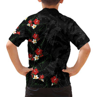Hawaiian Taro Leaves-Hibiscus and Plumeria Family Matching Off The Shoulder Long Sleeve Dress and Hawaiian Shirt Floral Tribal Tattoo Motif LT03 - Polynesian Pride