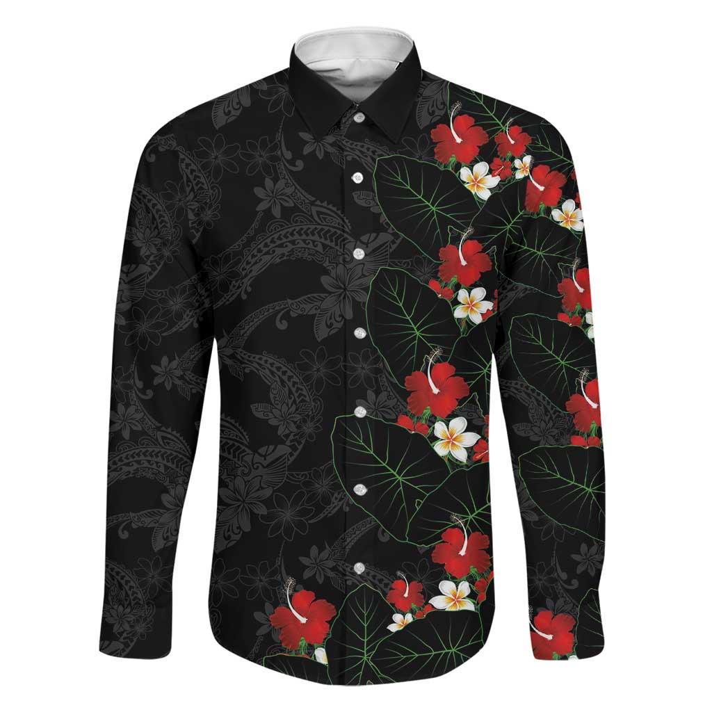Hawaiian Taro Leaves-Hibiscus and Plumeria Family Matching Off The Shoulder Long Sleeve Dress and Hawaiian Shirt Floral Tribal Tattoo Motif LT03 Dad's Shirt - Long Sleeve Black - Polynesian Pride