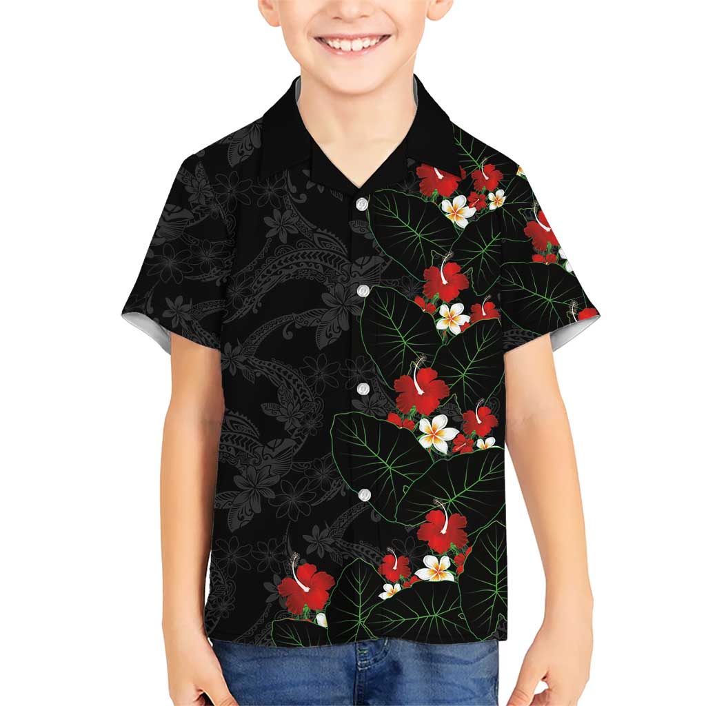 Hawaiian Taro Leaves-Hibiscus and Plumeria Family Matching Off The Shoulder Long Sleeve Dress and Hawaiian Shirt Floral Tribal Tattoo Motif LT03 Son's Shirt Black - Polynesian Pride