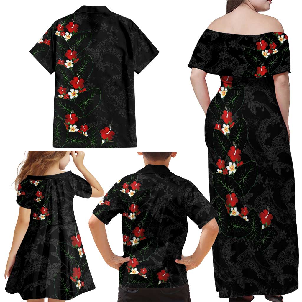 Hawaiian Taro Leaves-Hibiscus and Plumeria Family Matching Off Shoulder Maxi Dress and Hawaiian Shirt Floral Tribal Tattoo Motif LT03 - Polynesian Pride