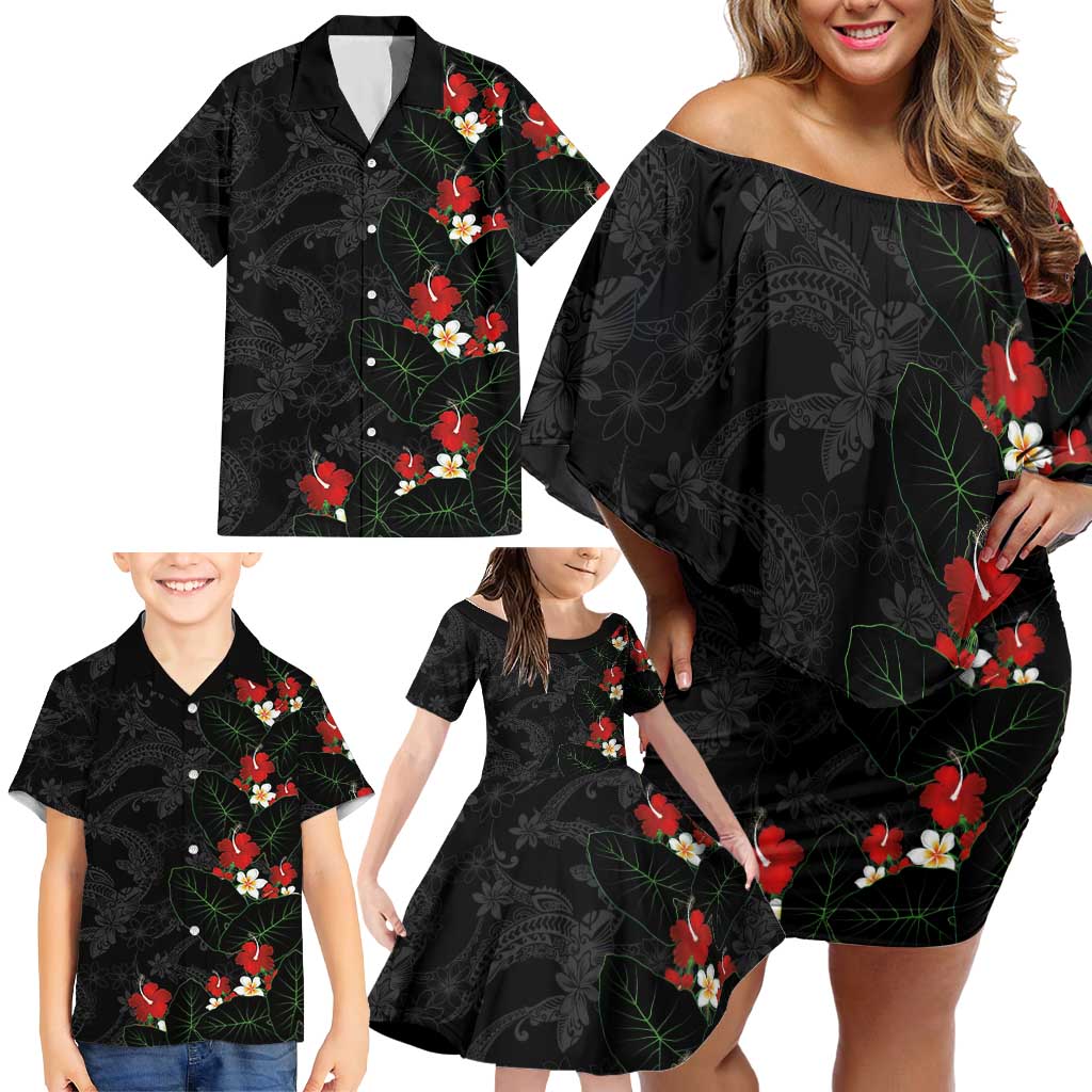 Hawaiian Taro Leaves-Hibiscus and Plumeria Family Matching Off Shoulder Short Dress and Hawaiian Shirt Floral Tribal Tattoo Motif LT03 - Polynesian Pride