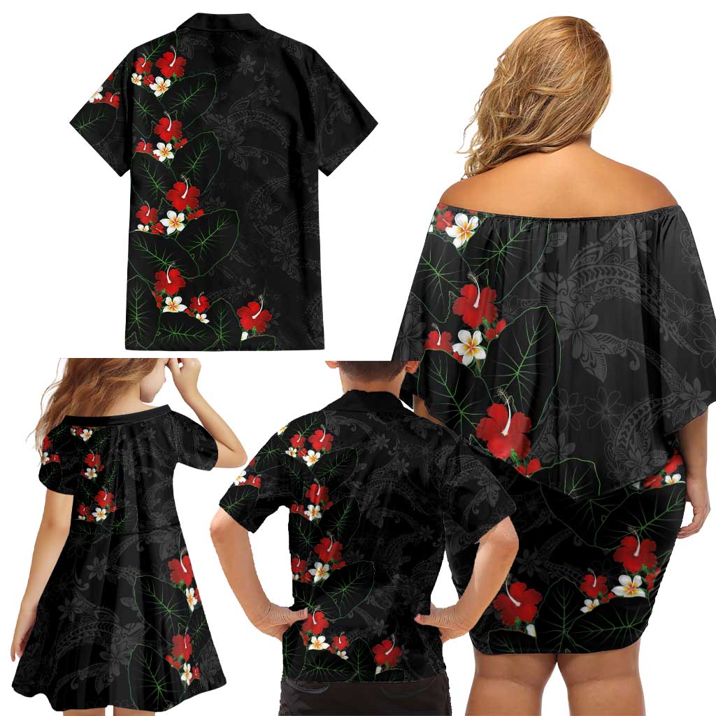 Hawaiian Taro Leaves-Hibiscus and Plumeria Family Matching Off Shoulder Short Dress and Hawaiian Shirt Floral Tribal Tattoo Motif LT03 - Polynesian Pride