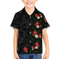 Hawaiian Taro Leaves-Hibiscus and Plumeria Family Matching Off Shoulder Short Dress and Hawaiian Shirt Floral Tribal Tattoo Motif LT03 Son's Shirt Black - Polynesian Pride