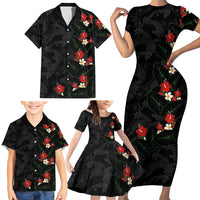 Hawaiian Taro Leaves-Hibiscus and Plumeria Family Matching Short Sleeve Bodycon Dress and Hawaiian Shirt Floral Tribal Tattoo Motif LT03 - Polynesian Pride
