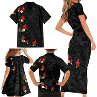 Hawaiian Taro Leaves-Hibiscus and Plumeria Family Matching Short Sleeve Bodycon Dress and Hawaiian Shirt Floral Tribal Tattoo Motif LT03 - Polynesian Pride