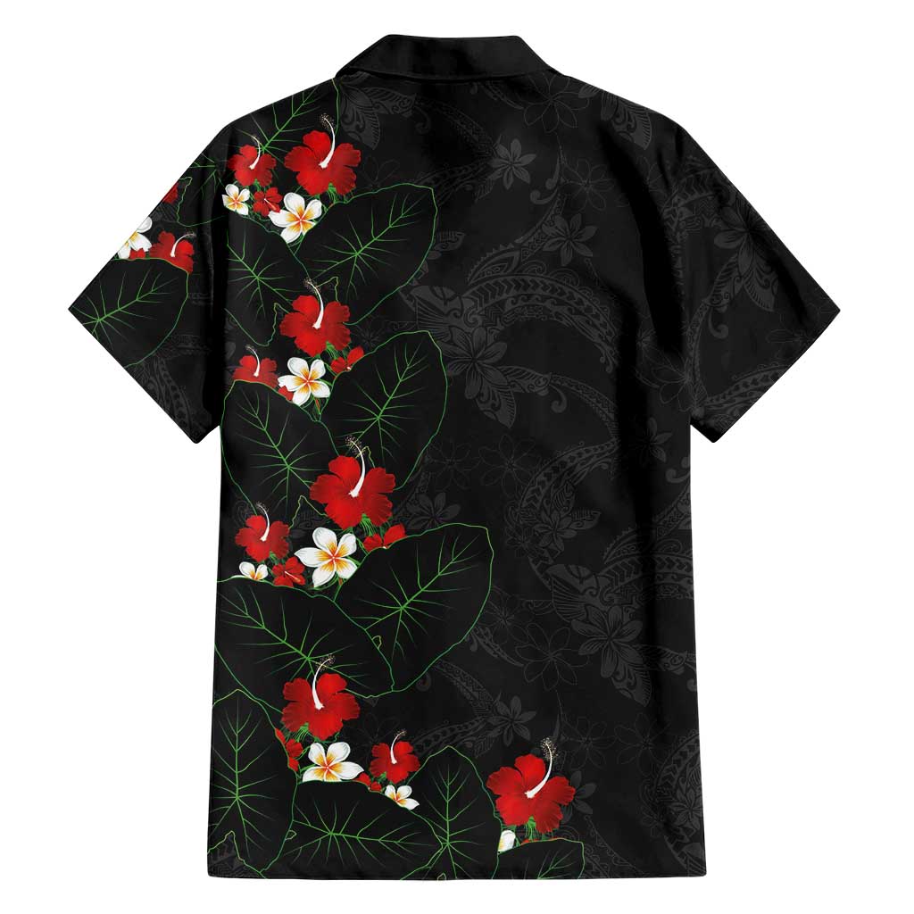 Hawaiian Taro Leaves-Hibiscus and Plumeria Family Matching Short Sleeve Bodycon Dress and Hawaiian Shirt Floral Tribal Tattoo Motif LT03 - Polynesian Pride