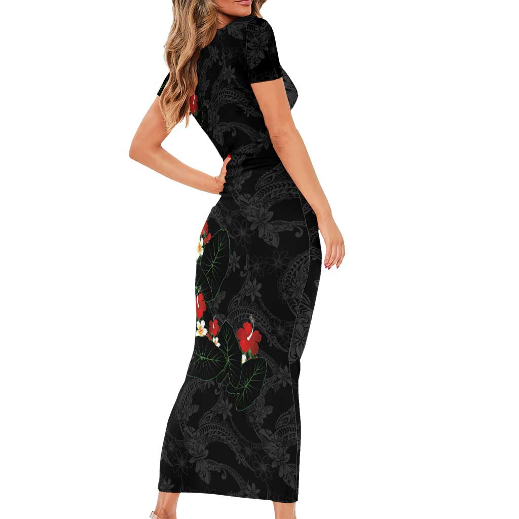 Hawaiian Taro Leaves-Hibiscus and Plumeria Family Matching Short Sleeve Bodycon Dress and Hawaiian Shirt Floral Tribal Tattoo Motif LT03 - Polynesian Pride