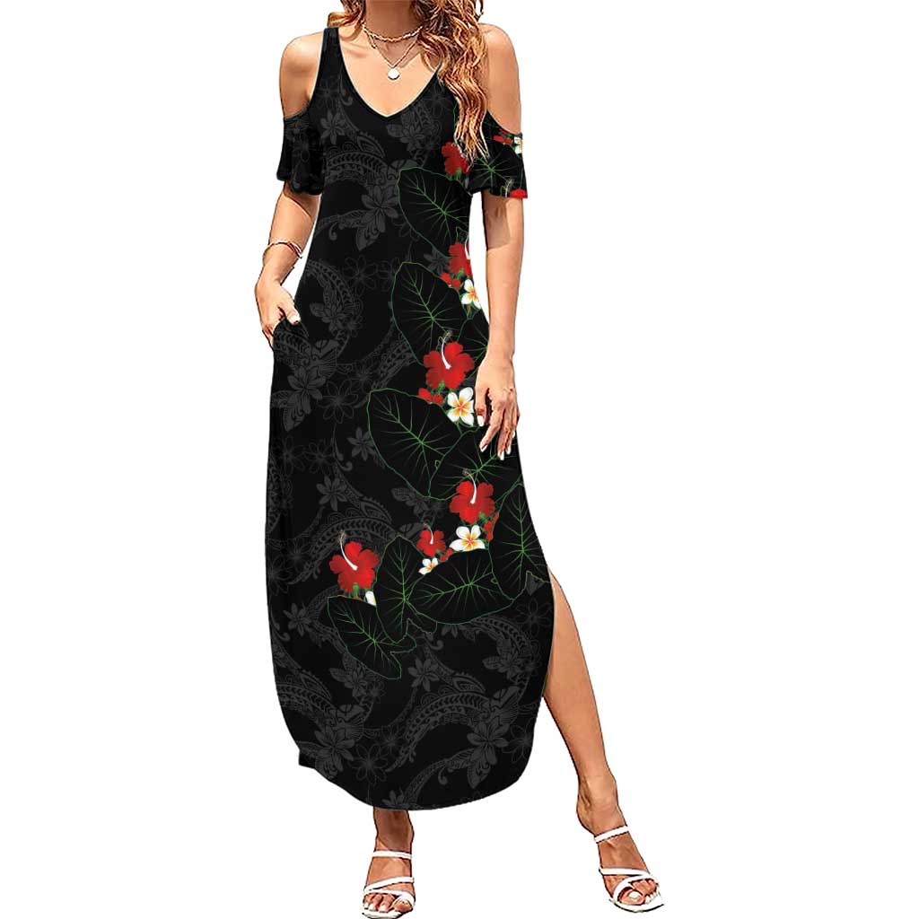 Hawaiian Taro Leaves-Hibiscus and Plumeria Family Matching Summer Maxi Dress and Hawaiian Shirt Floral Tribal Tattoo Motif LT03 Mom's Dress Black - Polynesian Pride