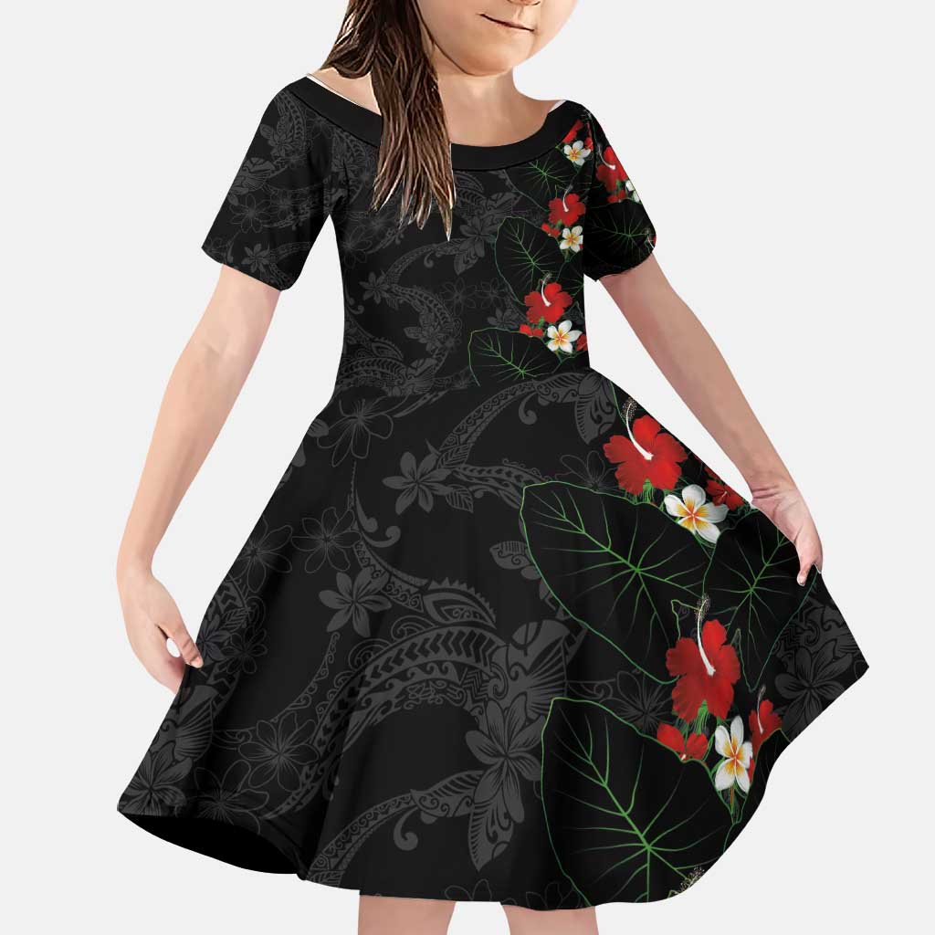 Hawaiian Taro Leaves-Hibiscus and Plumeria Family Matching Tank Maxi Dress and Hawaiian Shirt Floral Tribal Tattoo Motif LT03 Daughter's Dress Black - Polynesian Pride