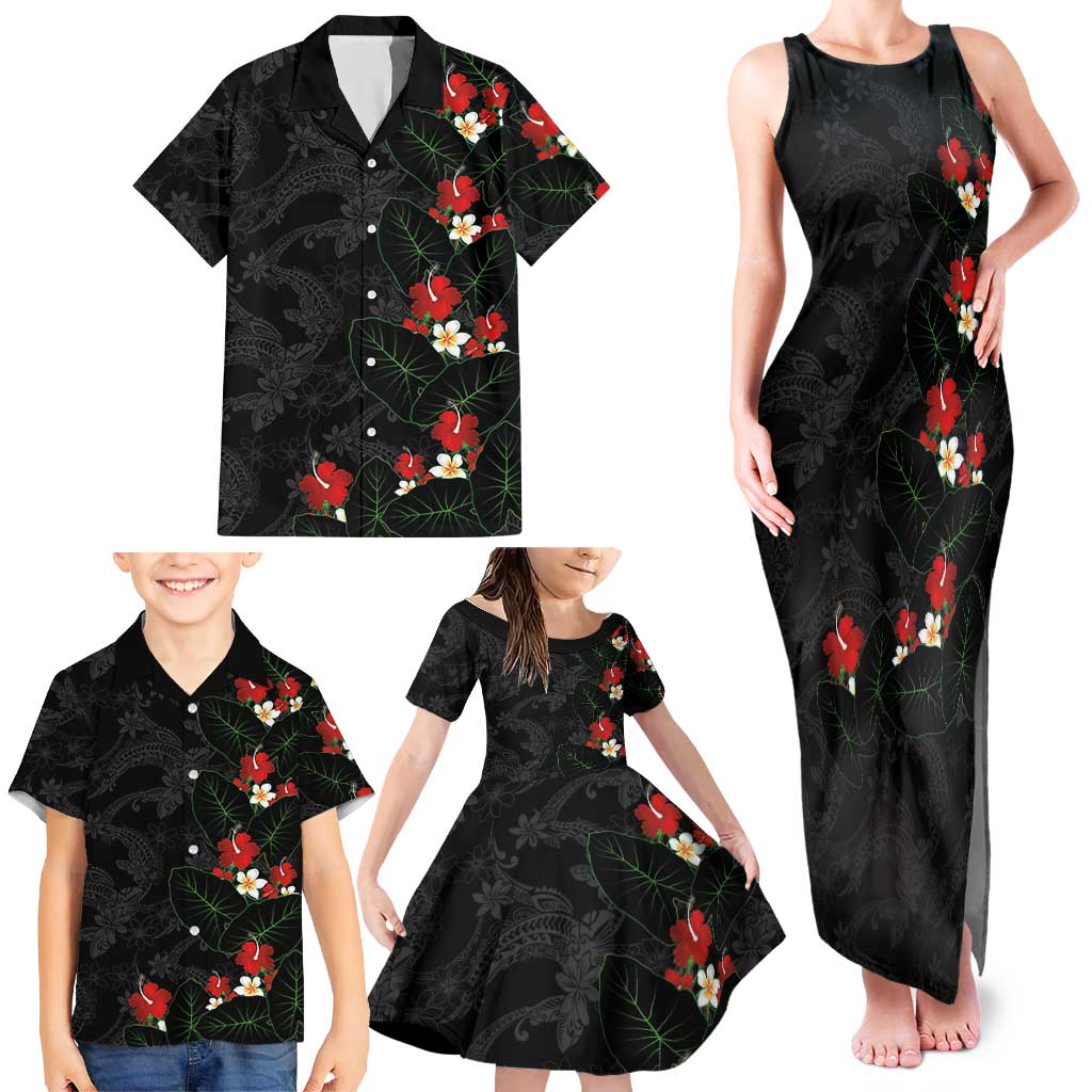 Hawaiian Taro Leaves-Hibiscus and Plumeria Family Matching Tank Maxi Dress and Hawaiian Shirt Floral Tribal Tattoo Motif LT03 - Polynesian Pride