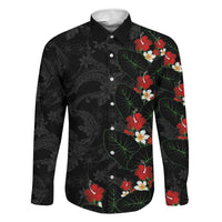 Hawaiian Taro Leaves-Hibiscus and Plumeria Family Matching Tank Maxi Dress and Hawaiian Shirt Floral Tribal Tattoo Motif LT03 Dad's Shirt - Long Sleeve Black - Polynesian Pride