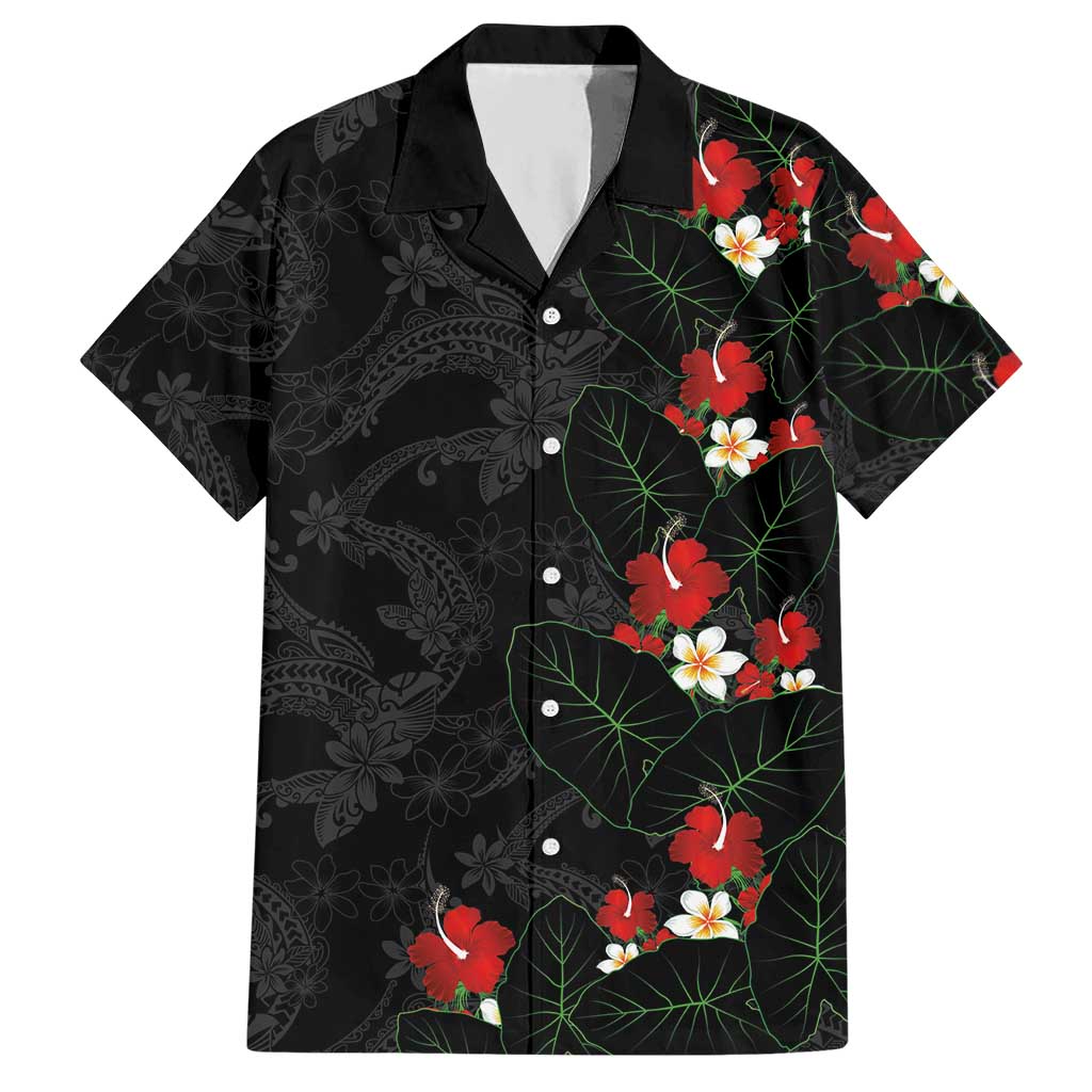 Hawaiian Taro Leaves-Hibiscus and Plumeria Hawaiian Shirt Floral Tribal Tattoo Motif LT03 Black - Polynesian Pride
