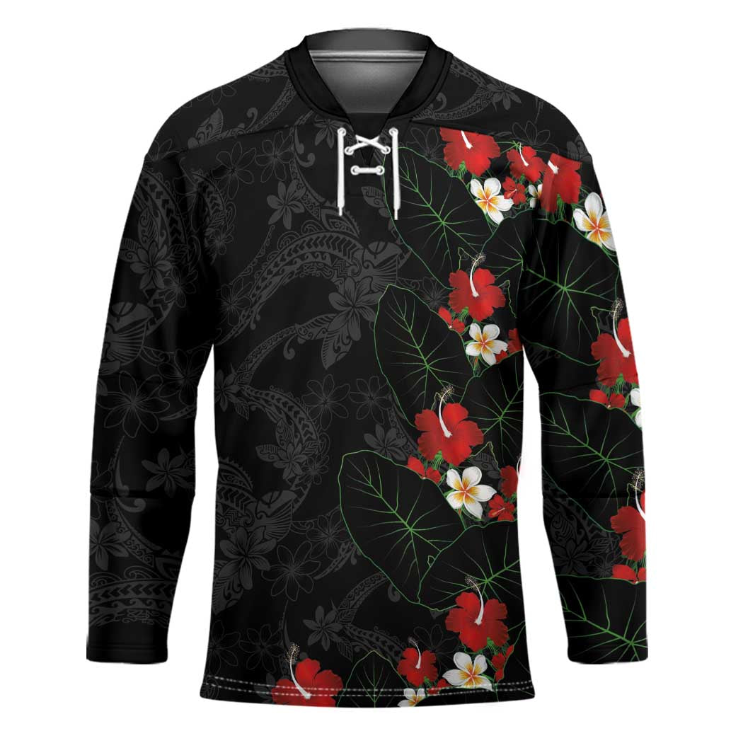 Hawaiian Taro Leaves-Hibiscus and Plumeria Hockey Jersey Floral Tribal Tattoo Motif
