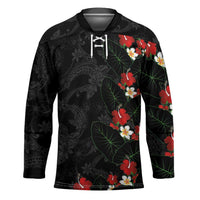 Hawaiian Taro Leaves-Hibiscus and Plumeria Hockey Jersey Floral Tribal Tattoo Motif LT03 Unisex Black - Polynesian Pride