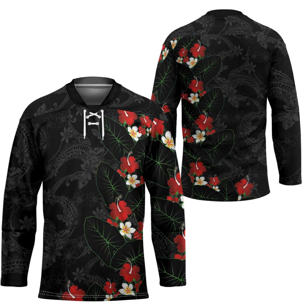 Hawaiian Taro Leaves-Hibiscus and Plumeria Hockey Jersey Floral Tribal Tattoo Motif LT03 - Polynesian Pride