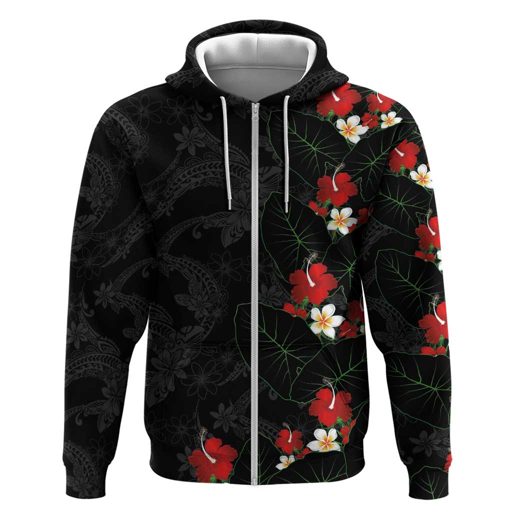 Hawaiian Taro Leaves-Hibiscus and Plumeria Hoodie Floral Tribal Tattoo Motif LT03 Zip Hoodie Black - Polynesian Pride