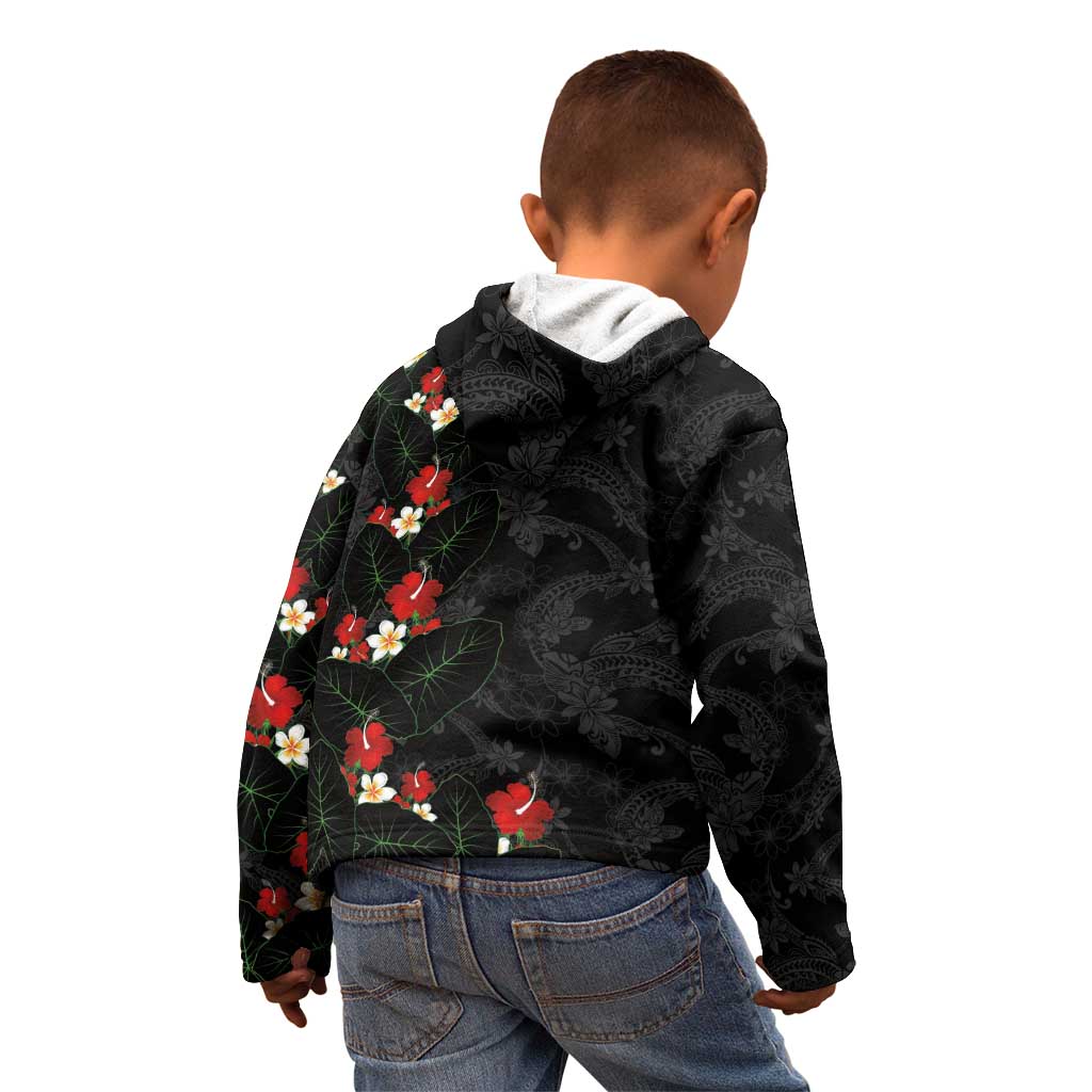 Hawaiian Taro Leaves-Hibiscus and Plumeria Kid Hoodie Floral Tribal Tattoo Motif LT03 - Polynesian Pride