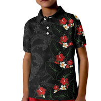 Hawaiian Taro Leaves-Hibiscus and Plumeria Kid Polo Shirt Floral Tribal Tattoo Motif LT03 Kid Black - Polynesian Pride