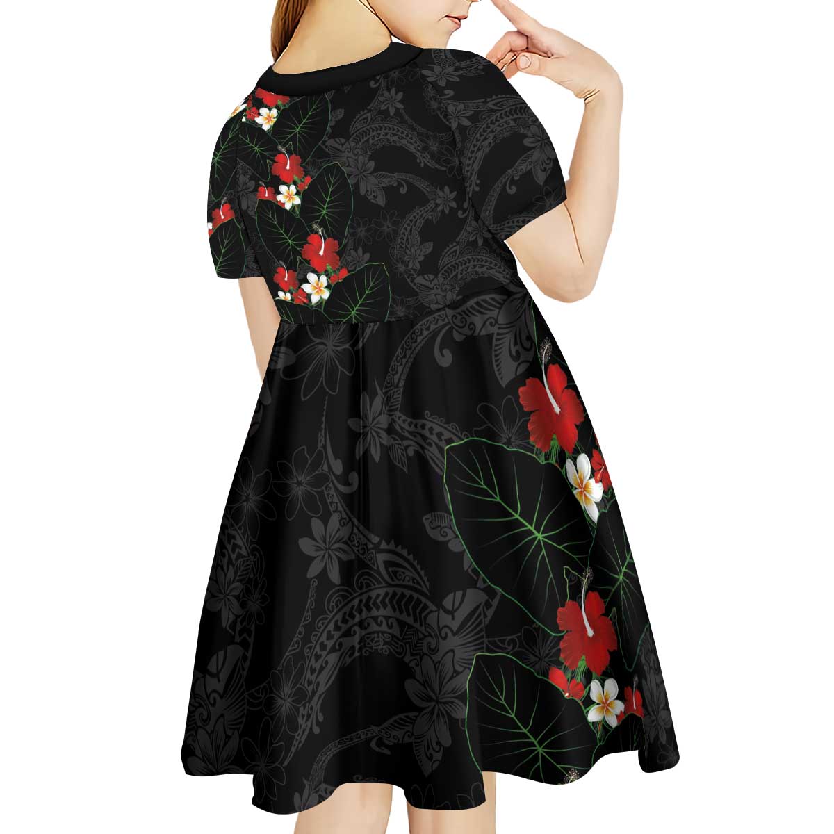 Hawaiian Taro Leaves-Hibiscus and Plumeria Kid Short Sleeve Dress Floral Tribal Tattoo Motif LT03 - Polynesian Pride