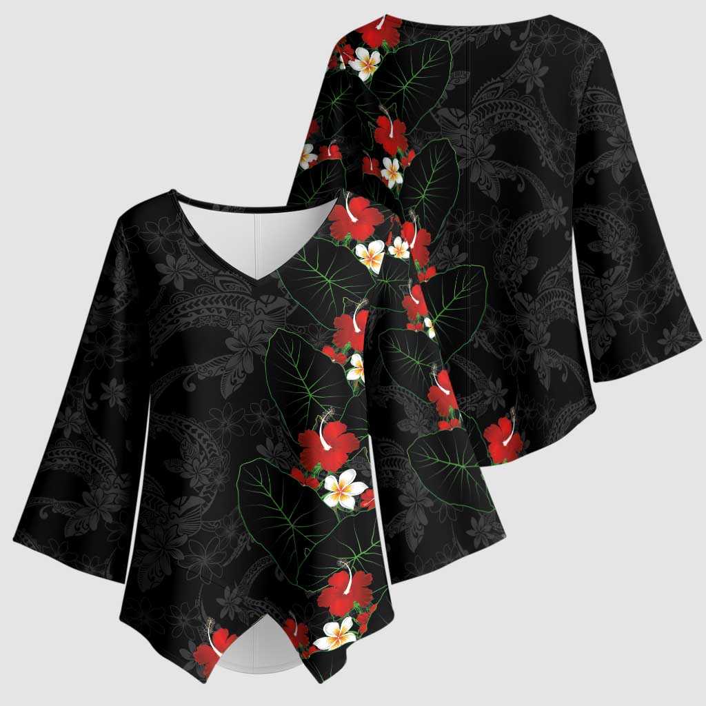 Hawaiian Taro Leaves-Hibiscus and Plumeria Kimono Sleeve Blouse Floral Tribal Tattoo Motif LT03 - Polynesian Pride