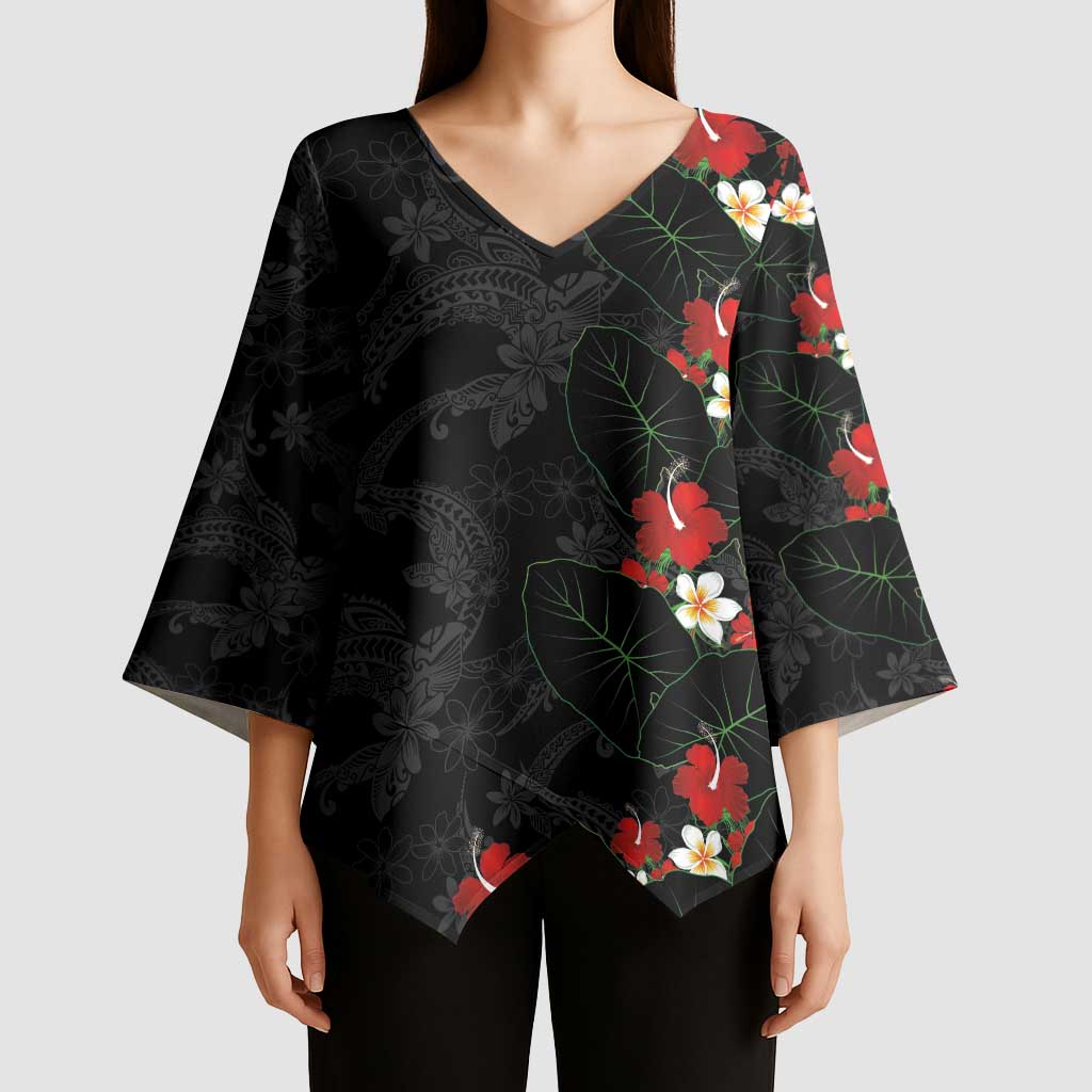 Hawaiian Taro Leaves-Hibiscus and Plumeria Kimono Sleeve Blouse Floral Tribal Tattoo Motif LT03 - Polynesian Pride