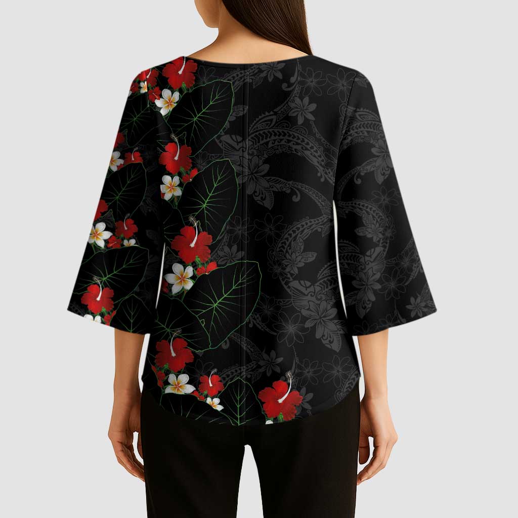 Hawaiian Taro Leaves-Hibiscus and Plumeria Kimono Sleeve Blouse Floral Tribal Tattoo Motif LT03 - Polynesian Pride