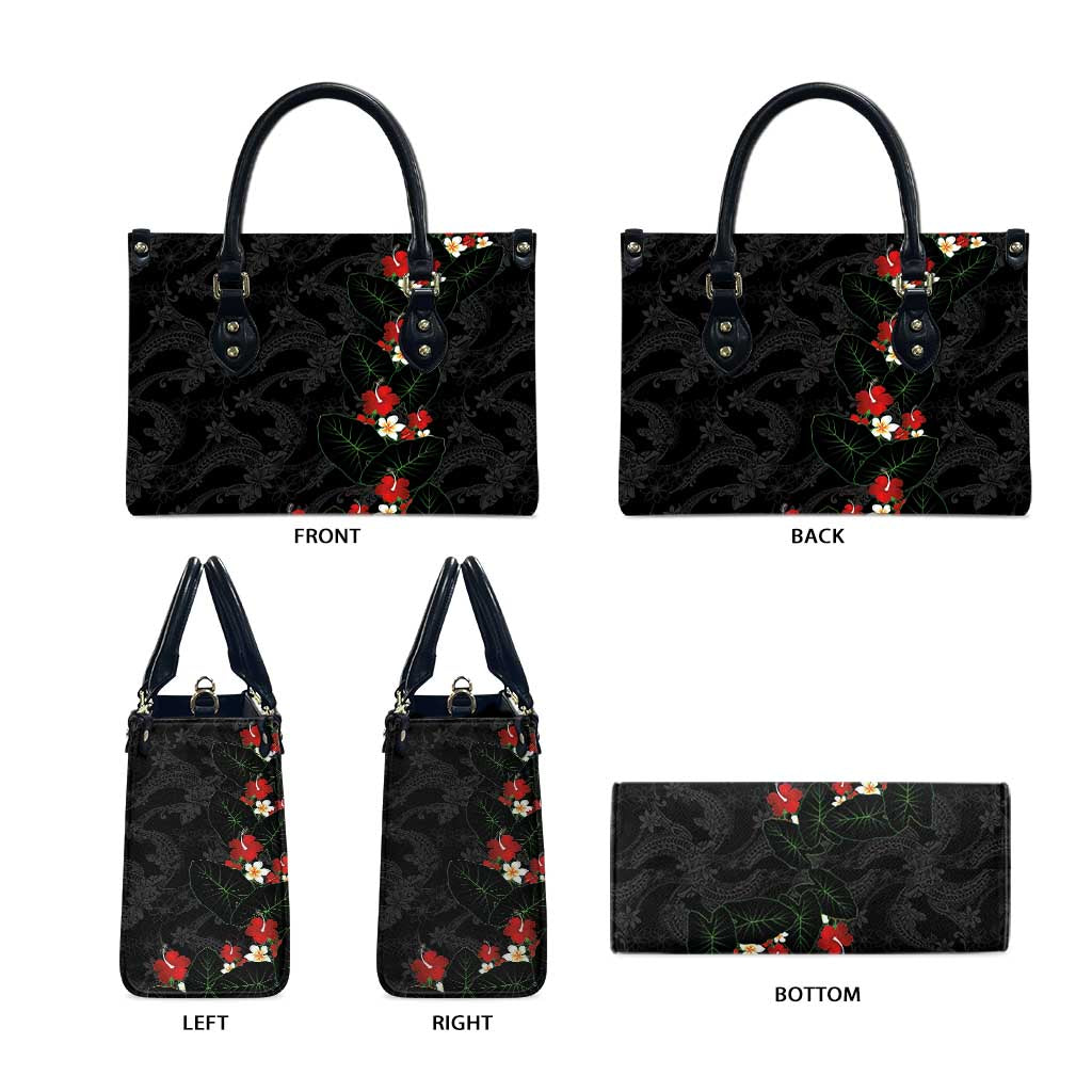 Hawaiian Taro Leaves-Hibiscus and Plumeria Leather Bag Floral Tribal Tattoo Motif LT03 - Polynesian Pride
