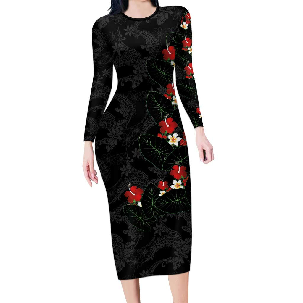 Hawaiian Taro Leaves-Hibiscus and Plumeria Long Sleeve Bodycon Dress Floral Tribal Tattoo Motif LT03 Long Dress Black - Polynesian Pride