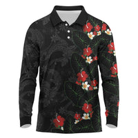 Hawaiian Taro Leaves-Hibiscus and Plumeria Long Sleeve Polo Shirt Floral Tribal Tattoo Motif LT03 Black - Polynesian Pride