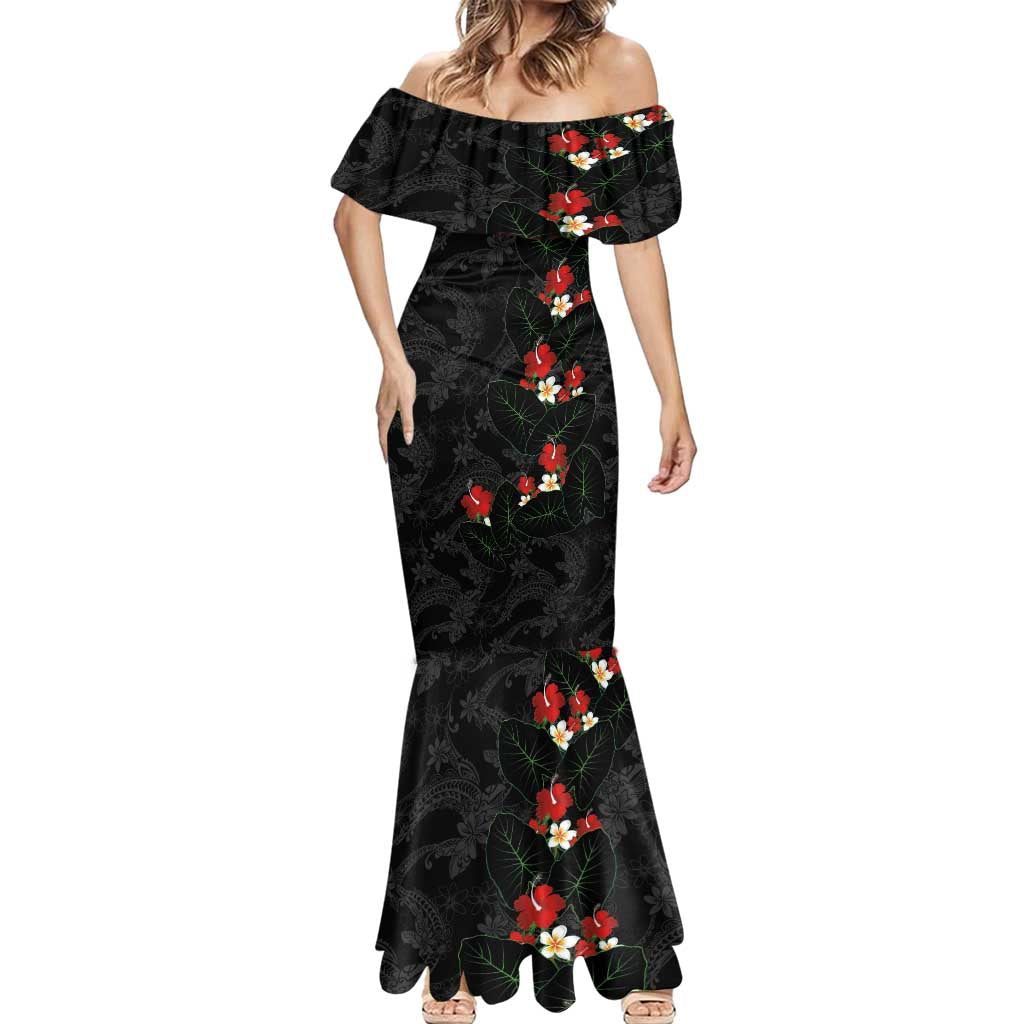 Hawaiian Taro Leaves-Hibiscus and Plumeria Mermaid Dress Floral Tribal Tattoo Motif LT03 - Polynesian Pride
