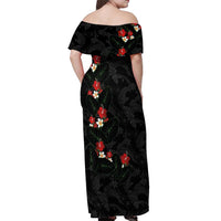 Hawaiian Taro Leaves-Hibiscus and Plumeria Off Shoulder Maxi Dress Floral Tribal Tattoo Motif LT03 - Polynesian Pride