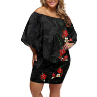 Hawaiian Taro Leaves-Hibiscus and Plumeria Off Shoulder Short Dress Floral Tribal Tattoo Motif LT03 Women Black - Polynesian Pride