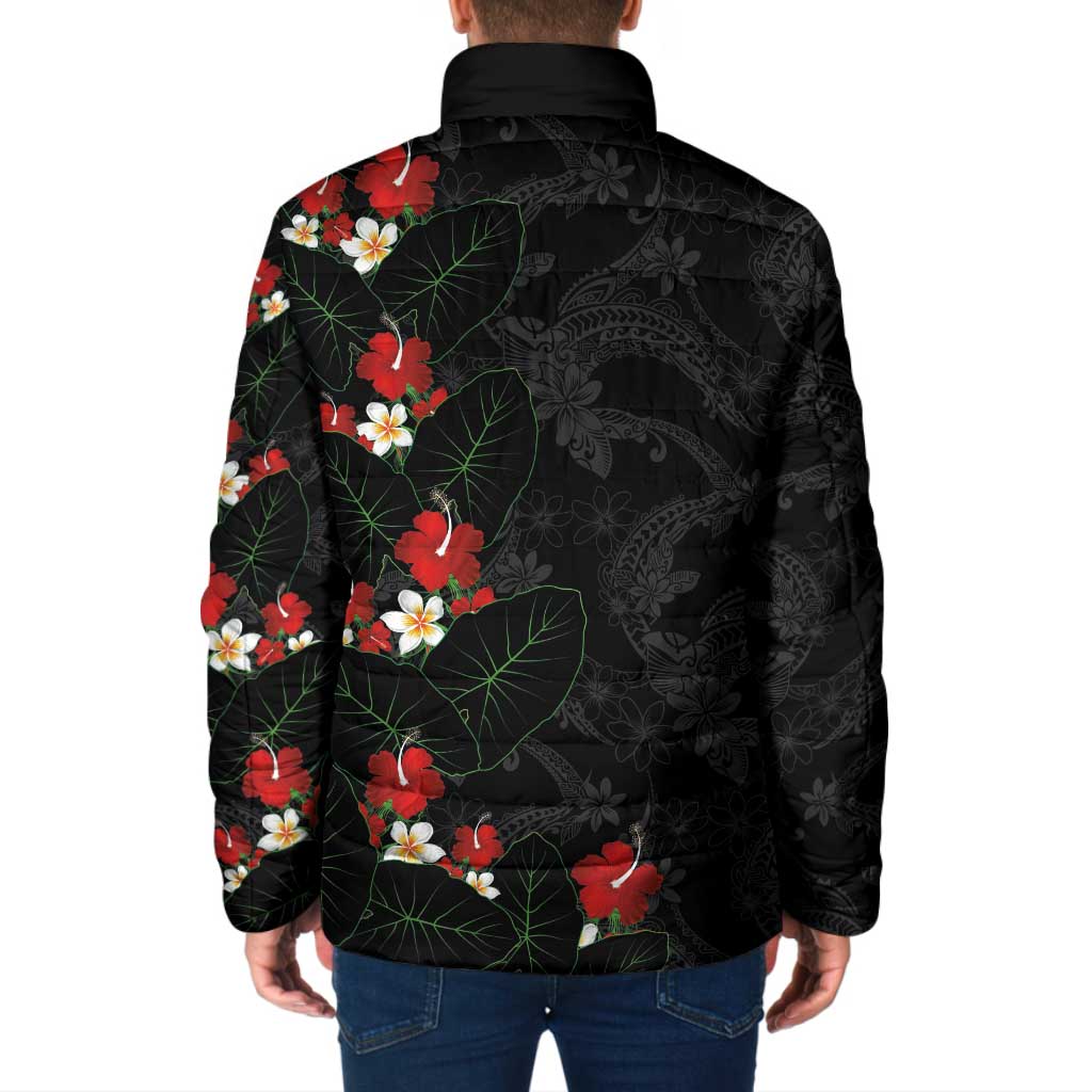 Hawaiian Taro Leaves-Hibiscus and Plumeria Padded Jacket Floral Tribal Tattoo Motif