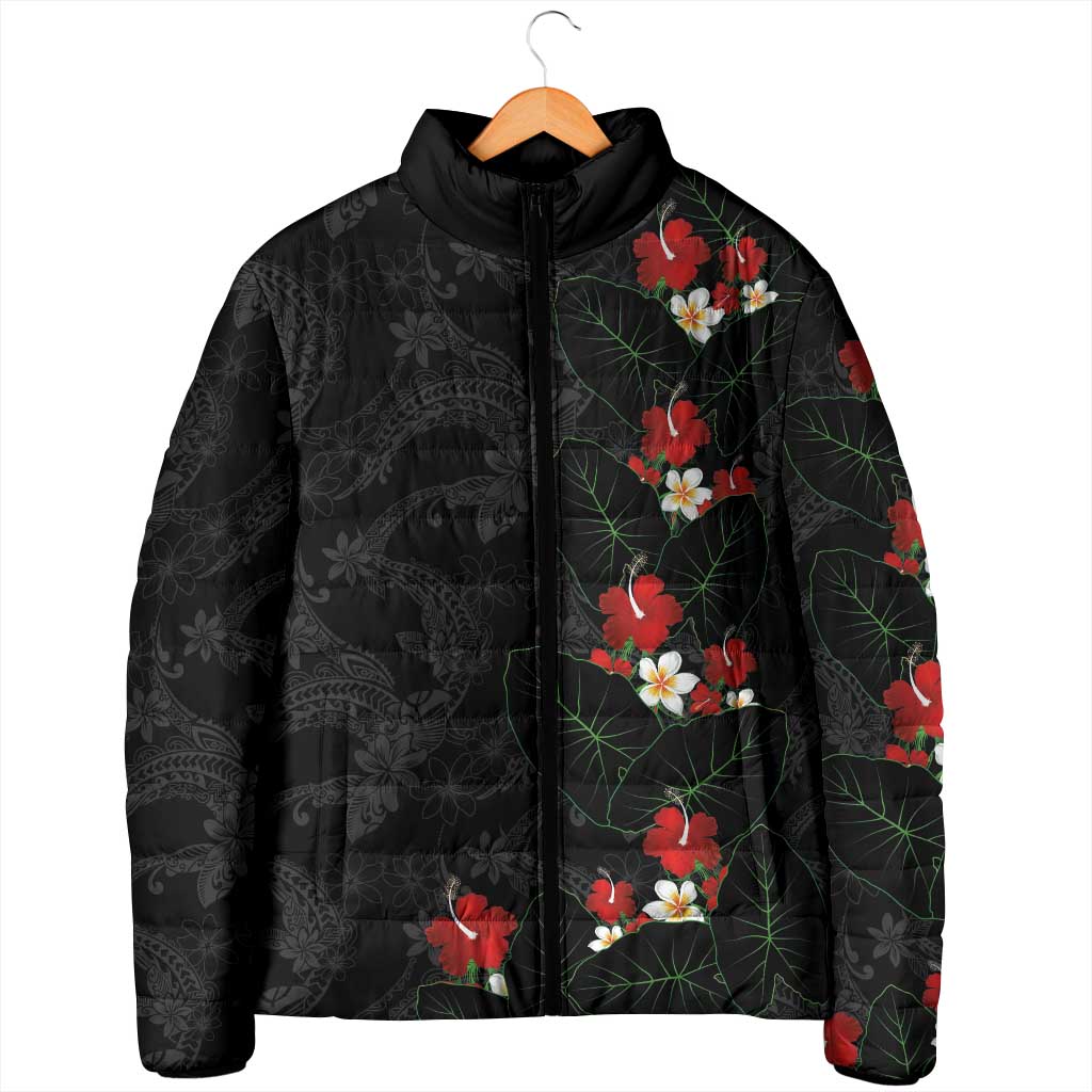 Hawaiian Taro Leaves-Hibiscus and Plumeria Padded Jacket Floral Tribal Tattoo Motif